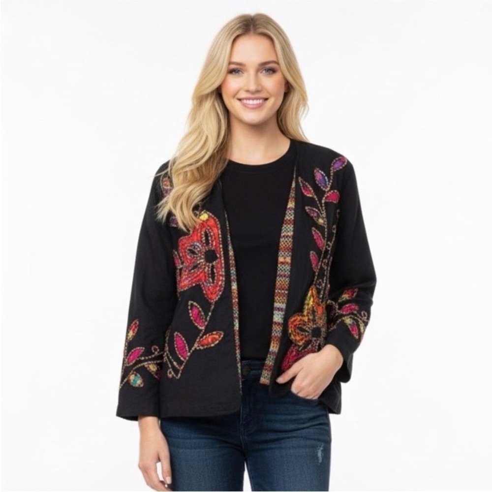 Petite small black floral embroidered jacket